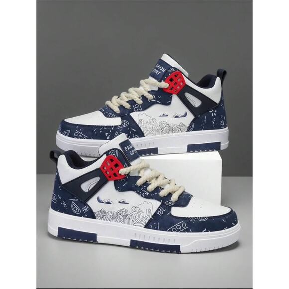 Size 11 men’s sneakers, high-top, strap, random print, flat sole, casual style - Picture 2 of 9